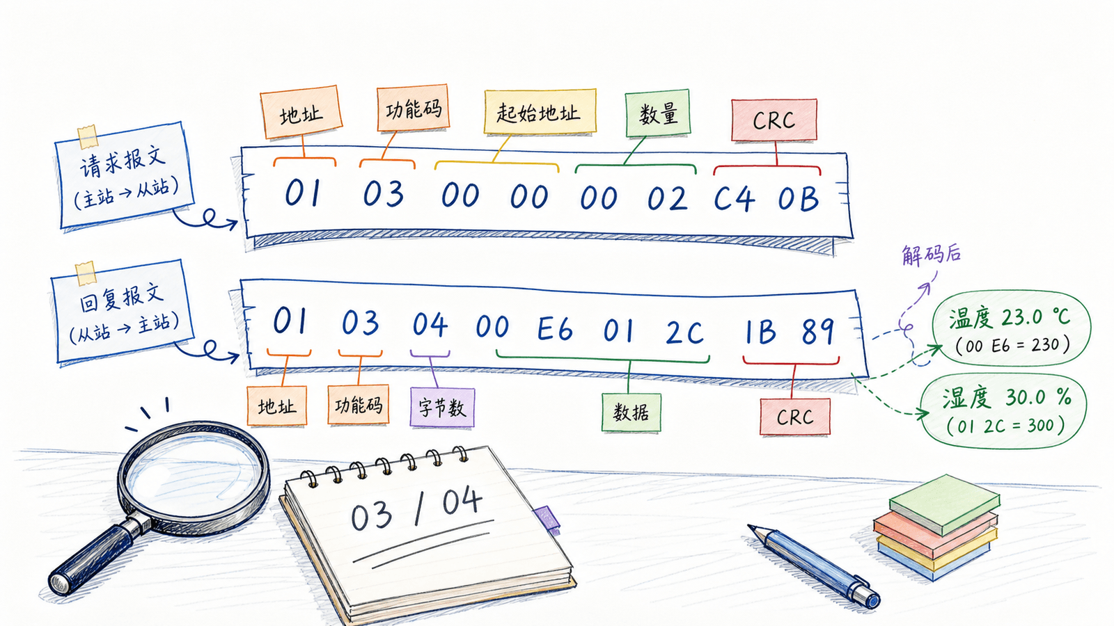 03 与 04 功能码请求和回复报文拆解示意