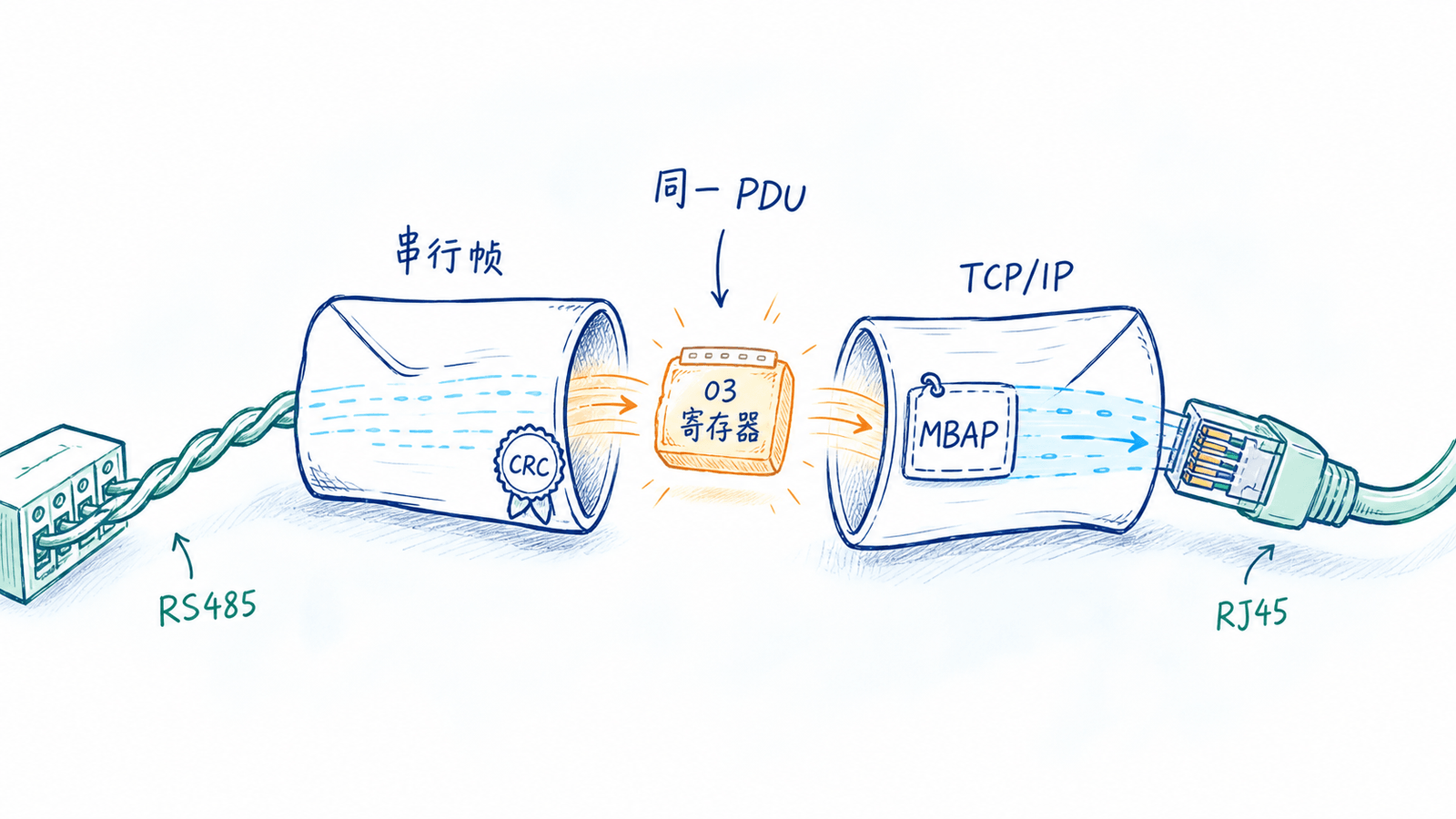 Modbus RTU 与 Modbus TCP 共享 PDU、采用不同报文外层的关系图